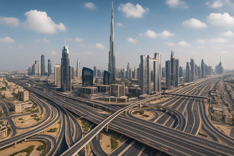 Dubai skyline with major highways and toll roads Dubai skyline with major highways and toll roads