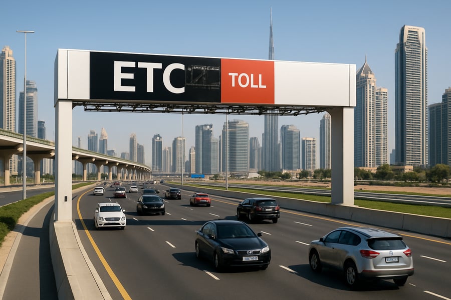Modern Dubai highway with electronic toll system Modern Dubai highway with electronic toll system