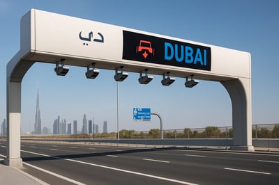 Modern electronic toll gate on a Dubai highway Modern electronic toll gate on a Dubai highway